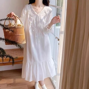 春秋季新款纯棉长袖睡裙女法式洋气白色v领连衣裙公主宫廷风睡衣
