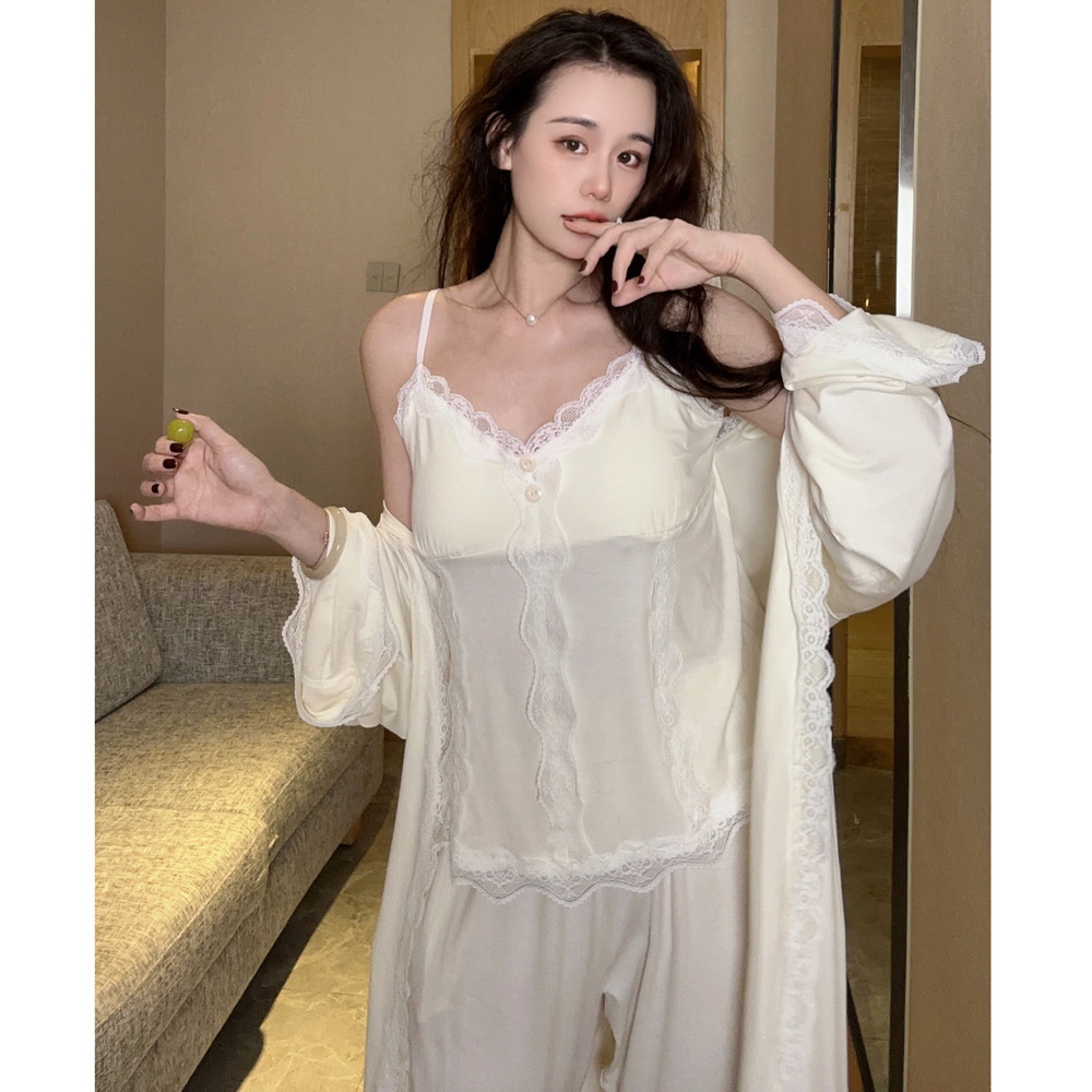 【带胸垫】三件套睡衣女秋季纯欲风性感蕾丝V领女士家居服中长款