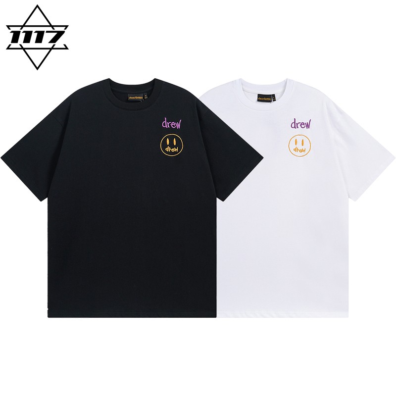 drew cosmic短袖刺绣笑脸比伯t恤男女情侣潮牌纯棉圆领半袖上衣夏