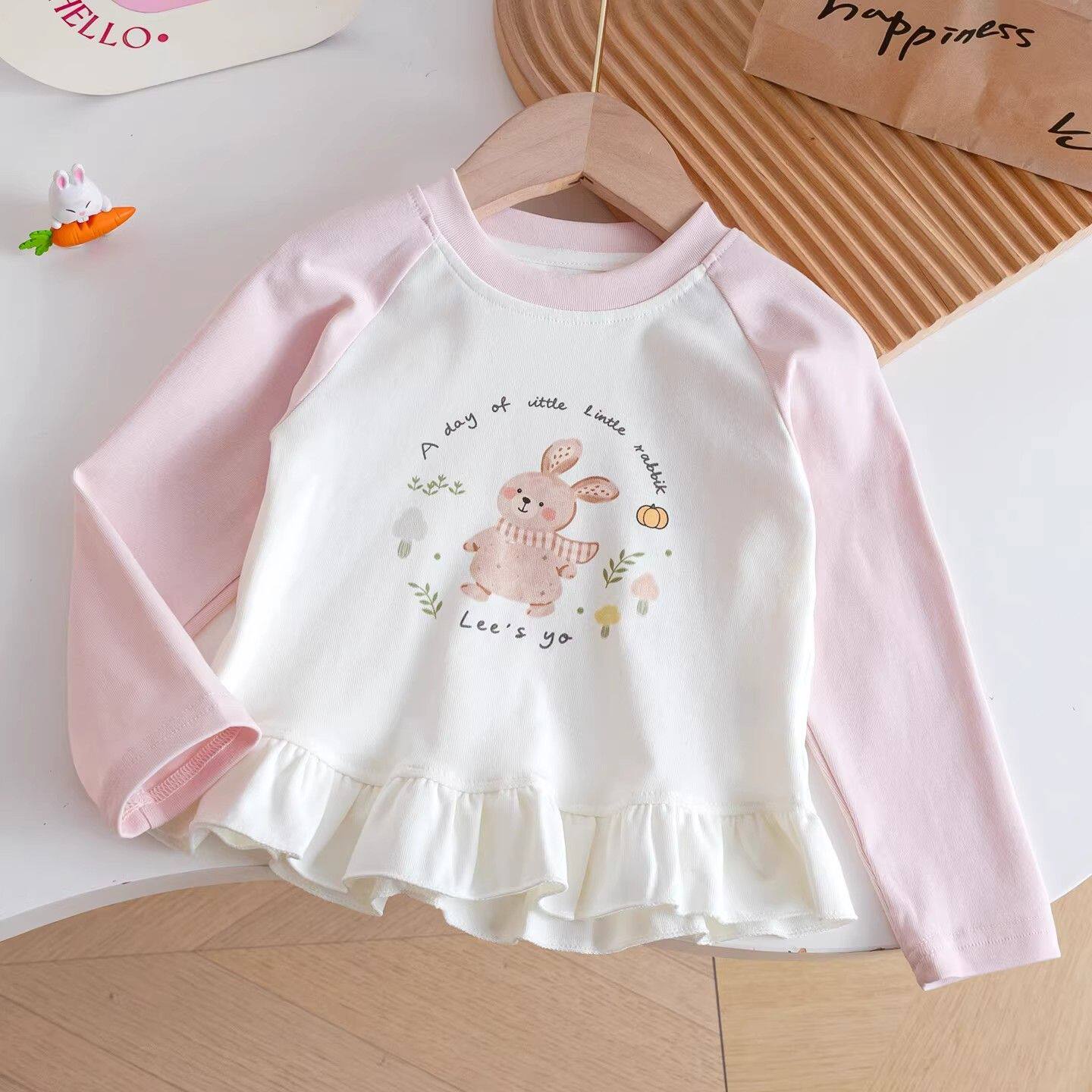 女童印花拼接袖子小兔子图案棉t恤春秋长袖打底花边可爱春装上衣