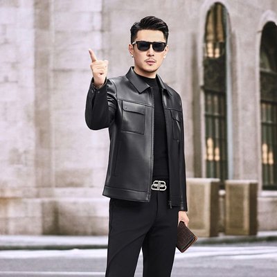 雷军同款绵羊皮翻领休闲商务夹克翻领短款真皮皮衣