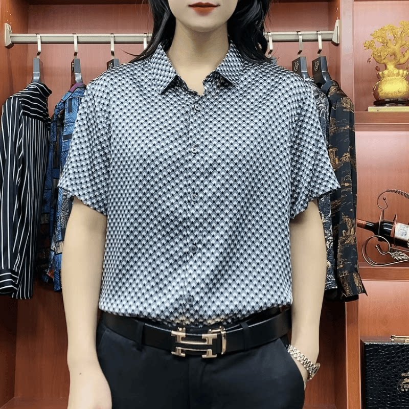 男士桑蚕丝衬衫短袖时尚修身男装夏季新款商务休闲百搭真丝衬衣男