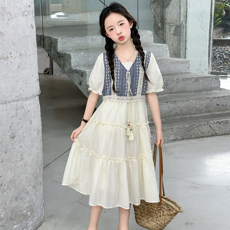 女童连衣裙夏装2026新款女大童假两件拼接设计感甜美收腰中长裙子