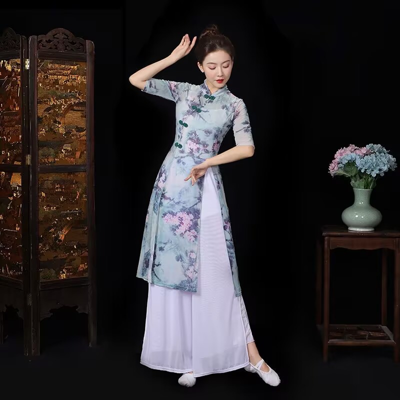 改良旗袍中国风舞台表演飘逸古典舞礼仪练功服身韵体弹力纱衣
