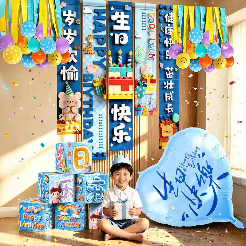 儿童生日场景布置装饰背景墙蓝色气球房间仪式氛围感拍照道具男生