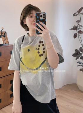 桃桃家-【天天好心情】高品质晕染短袖趣味笑脸灰色印花t恤1026