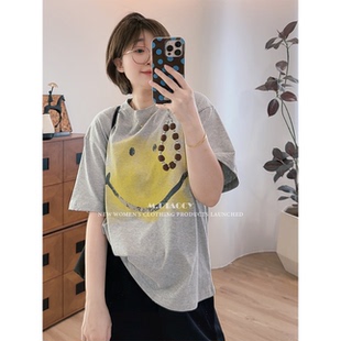 趣味笑脸灰色印花t恤1026 高品质晕染短袖 桃桃家 天天好心情