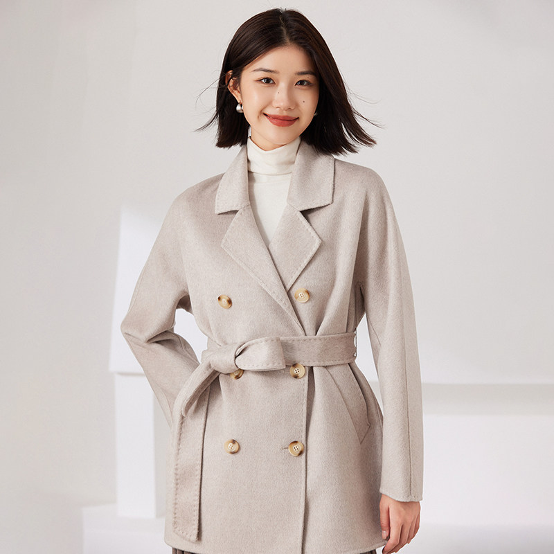 传世经典801双排扣双面呢短款羊绒大衣女系腰带气质修身毛呢外套