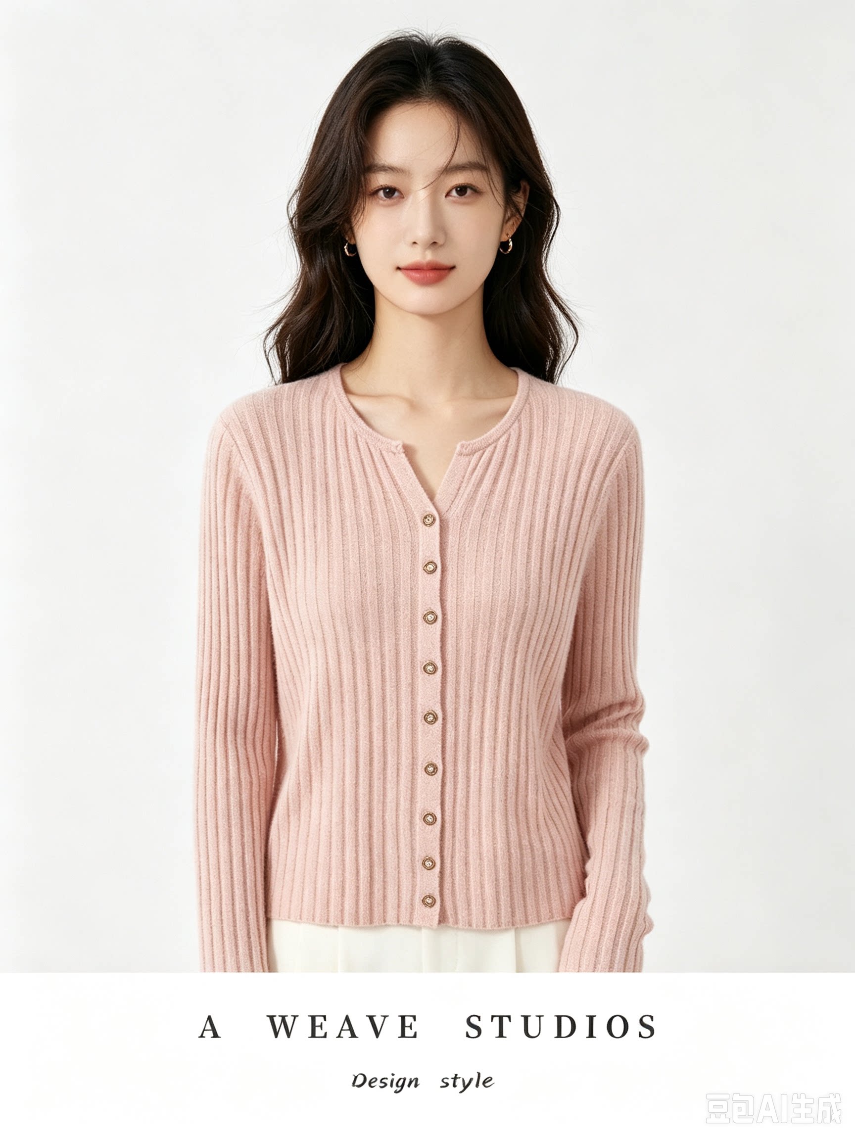 220g女圆小V剪刀领抽条开衫针织修身显瘦毛衣100山羊绒金银丝上衣