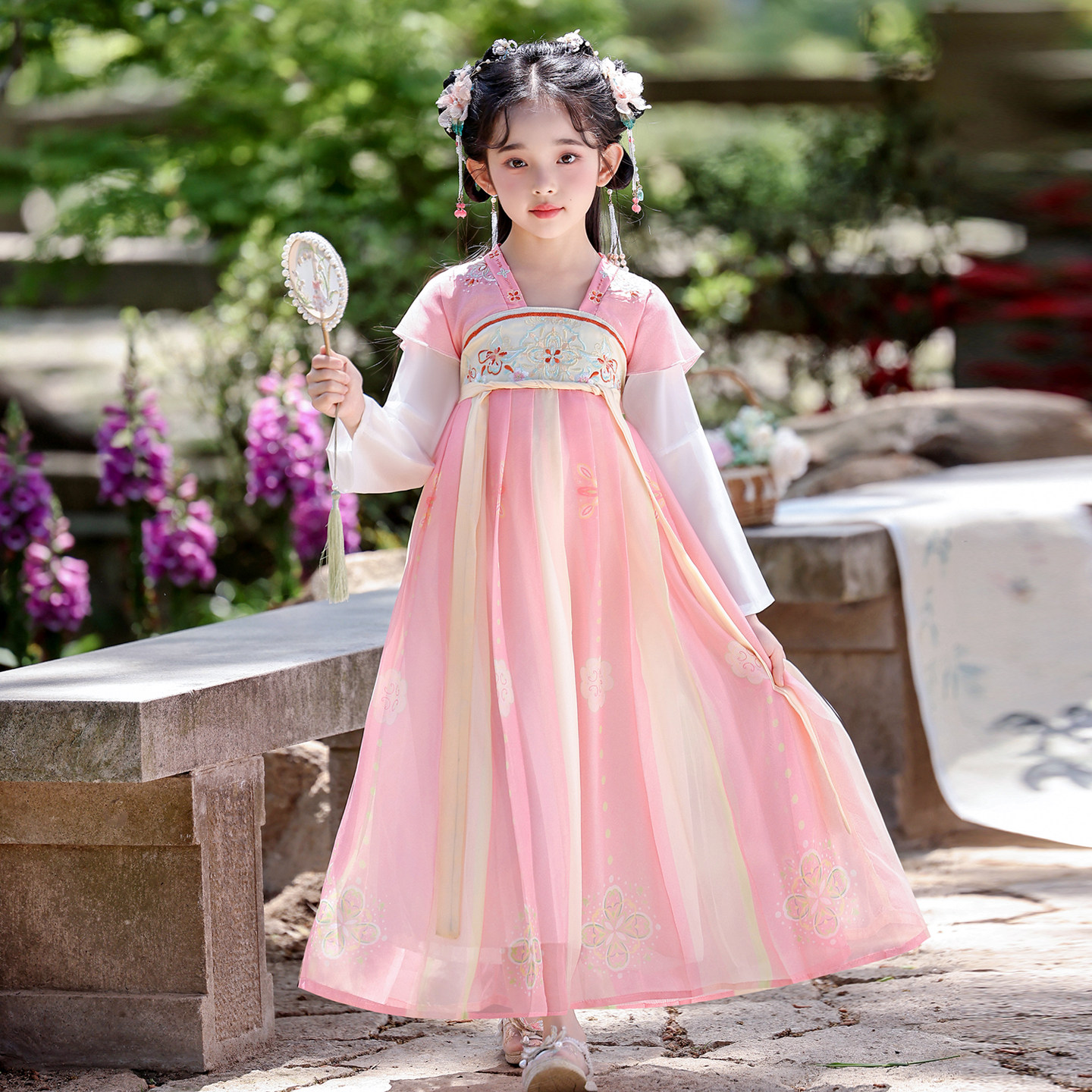 中秋儿童汉服女童2026新款连衣裙超仙礼服女孩古风飘逸粉色公主裙