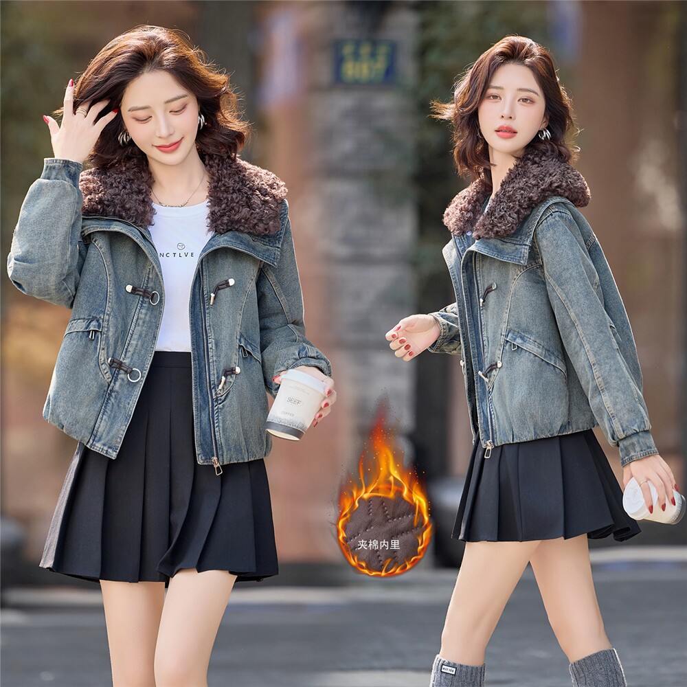 新款现货冬装新款时尚高级羊羔毛牛仔夹棉外套毛领可脱卸