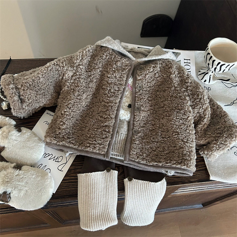 韩版女童羊羔毛外套套装
