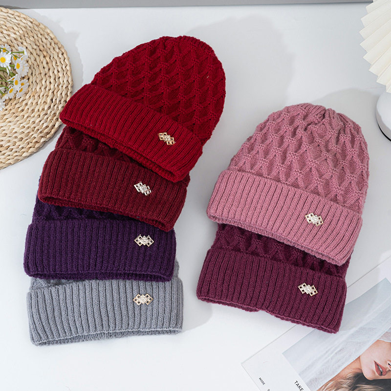 中老年人帽子女冬季加绒加厚保暖毛线帽时尚针织妈妈帽护耳套头帽