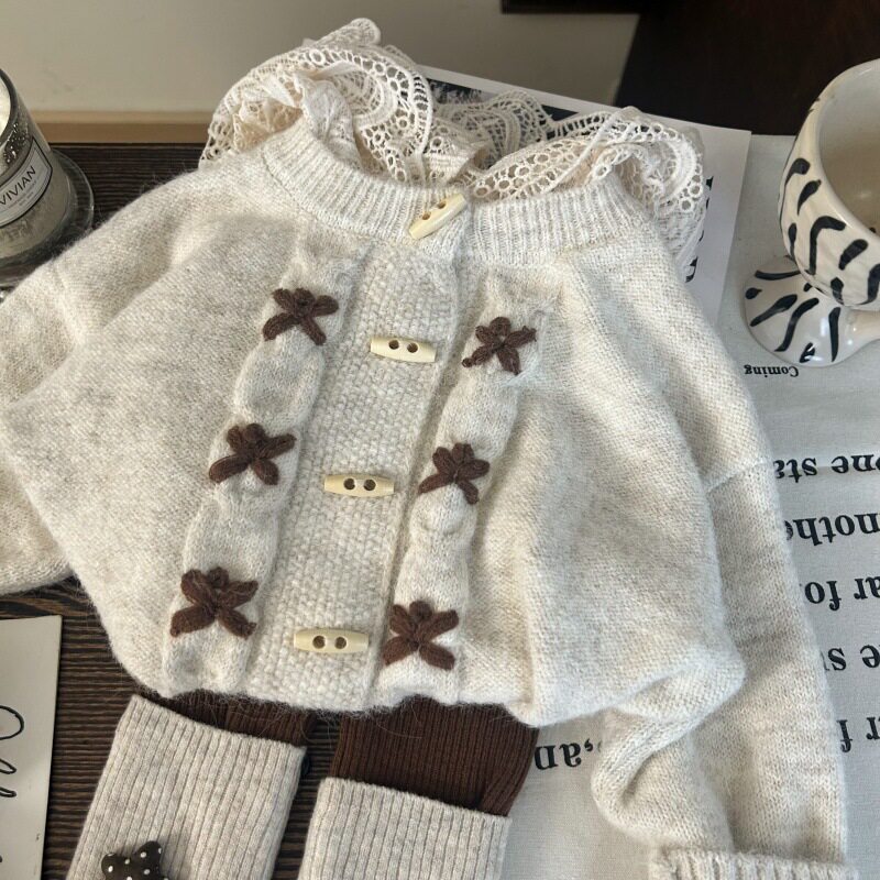 韩版童装2025新款秋季女童蕾丝连帽毛衣开衫堆堆袜打底裤两件套潮