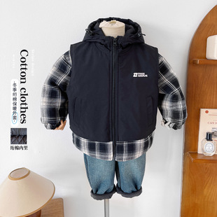 风之谷2025冬季新款儿童韩版假两件格子拼接外套男童洋气加厚棉服