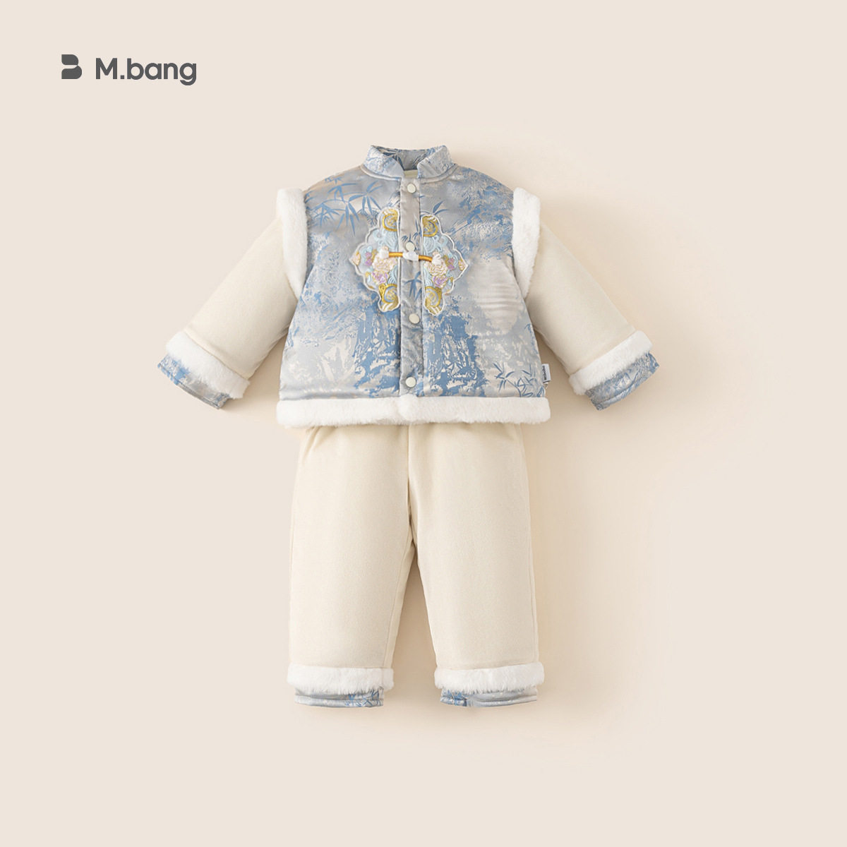 宥宝童装儿童冬季周岁礼服套装男童国风两件套加绒加厚棉衣拜年服