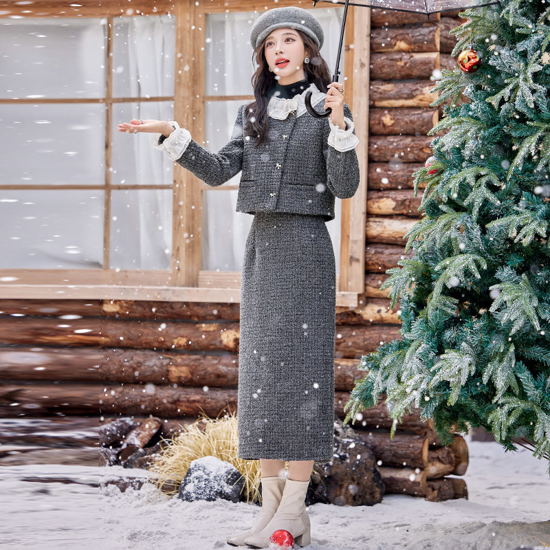 现货新款冬装2026年小香风时尚法式设计感外套显瘦套装裙套装