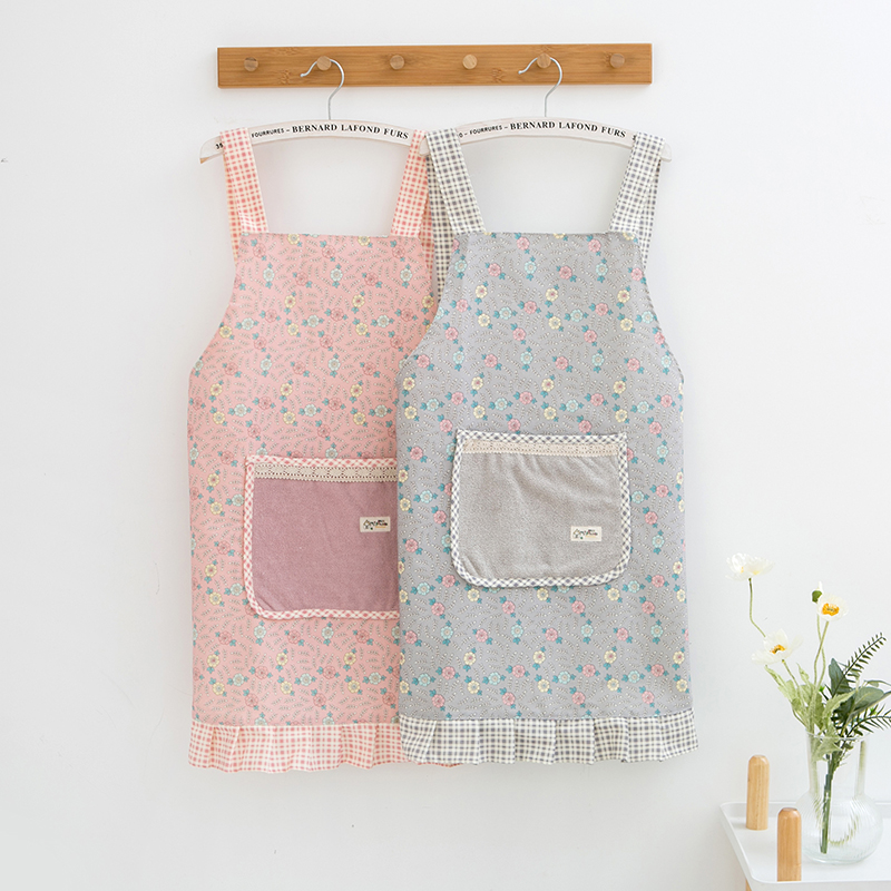 韩版可擦手厨房围裙防水防油家用女背心式奶茶店工作服外套田园风