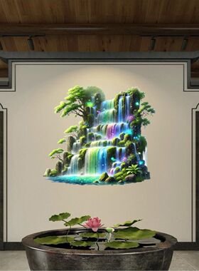 新款彩虹瀑布仿真山水画ins风房间客厅浴室墙上装饰自粘墙纸贴画