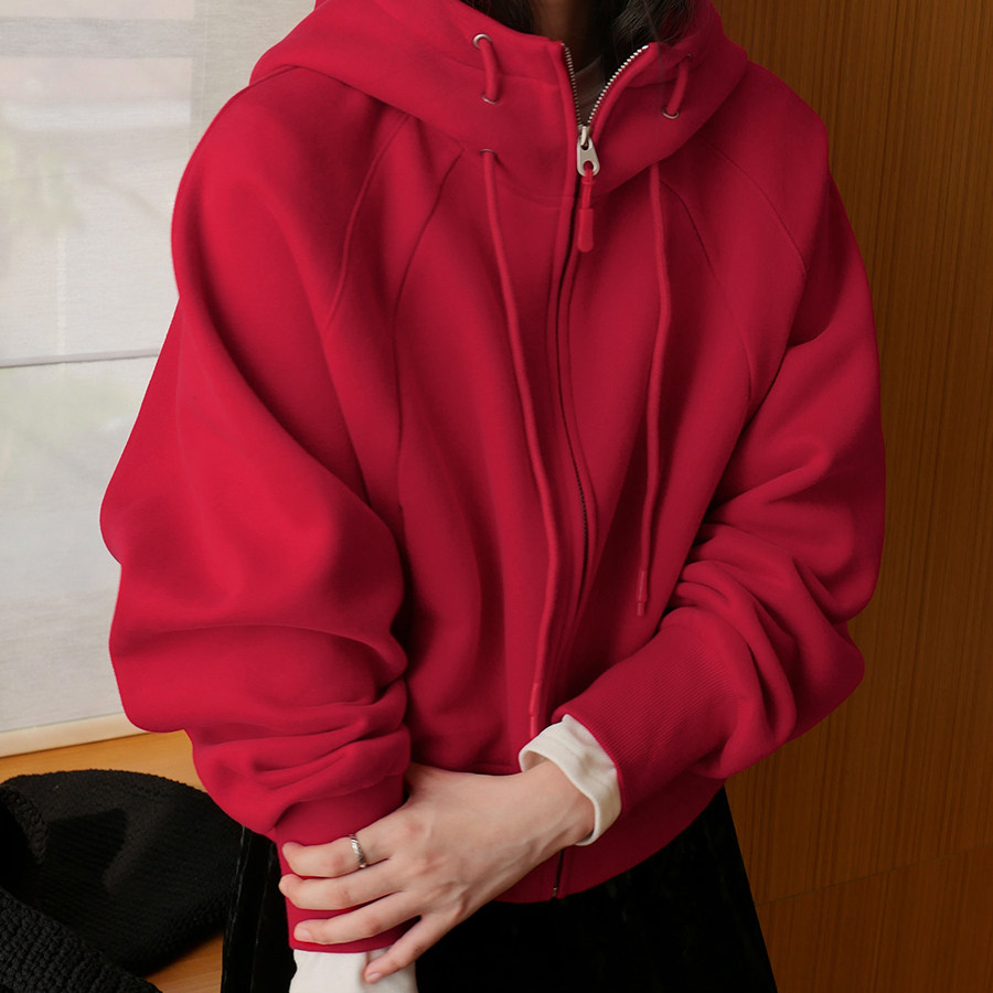 2025秋冬女单品高领连帽短款实穿加绒卫衣外套拉链休闲显瘦