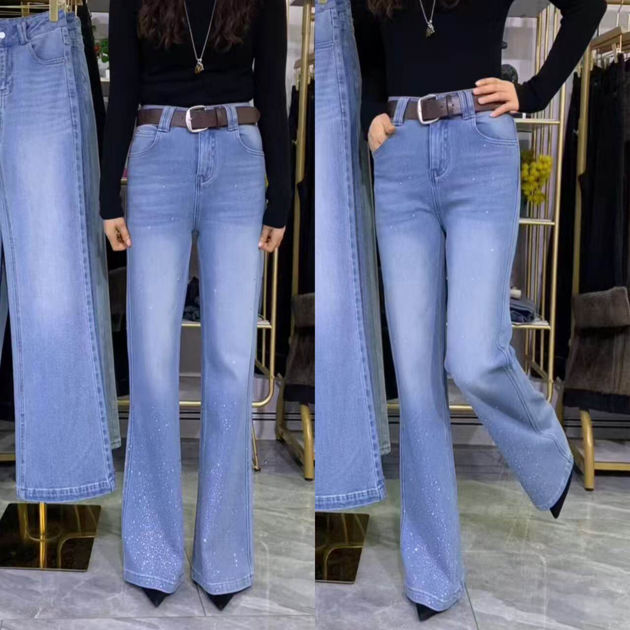 慵懒风蓝色牛仔裤女2026春季新款高腰微喇裤满天星百搭显瘦喇叭裤