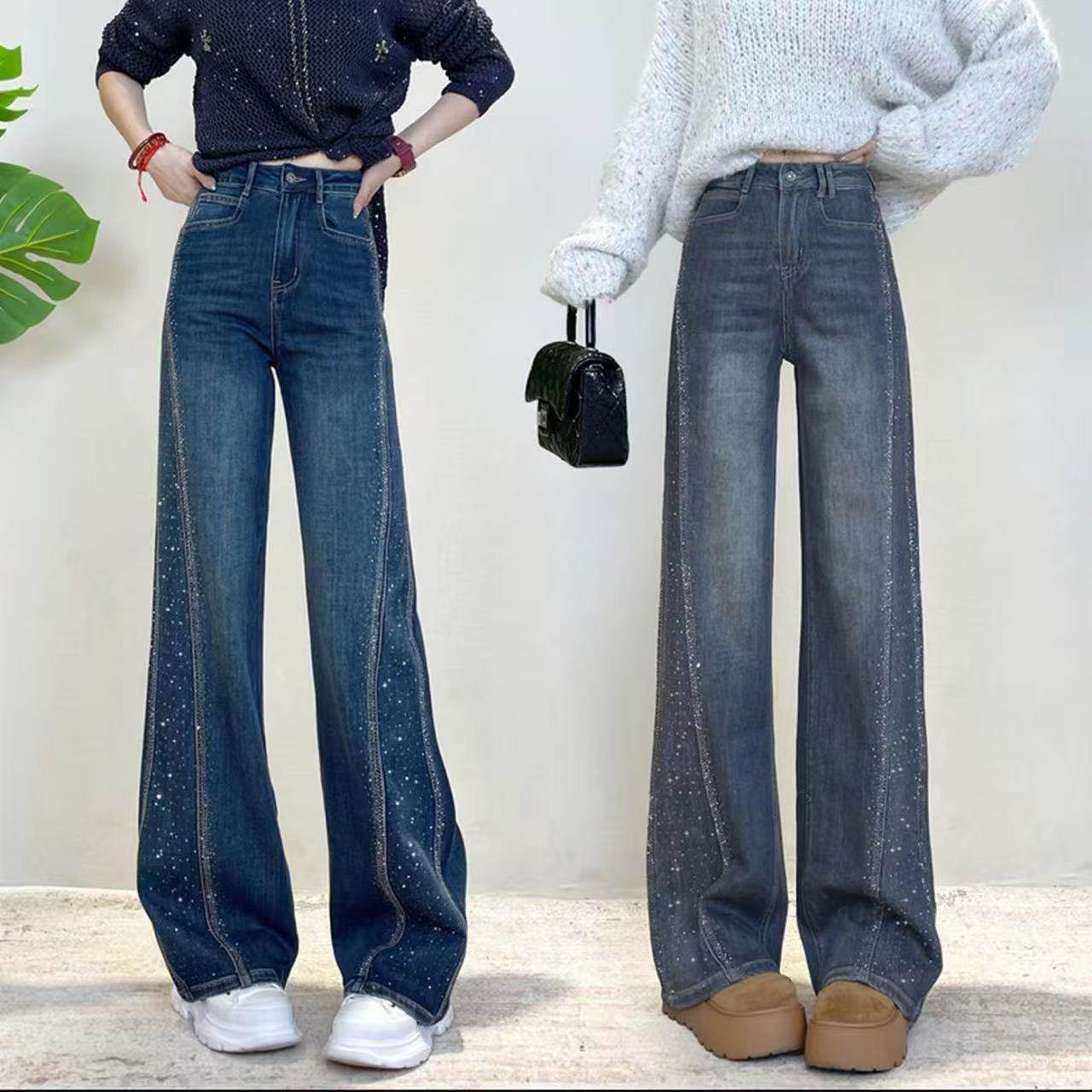 慵懒风烫钻直筒高腰牛仔裤女秋冬新款显瘦垂感窄版阔腿长裤九分裤,女装/女士精品,休闲裤,淘宝优惠券,粉丝福利购,淘宝优惠卷