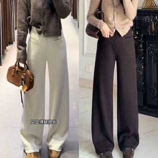 女直筒裤 百搭休闲高腰阔腿裤 冬季 厚款 新款 乌木棕色桑蚕丝棉羊毛裤