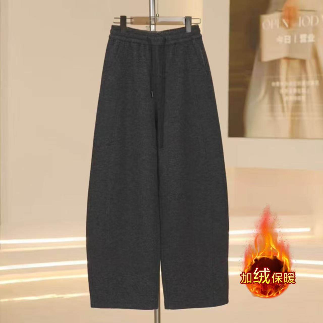 冬季新款羊毛裤高腰弯刀裤女加厚保暖休闲裤子深灰色显瘦百搭卫裤
