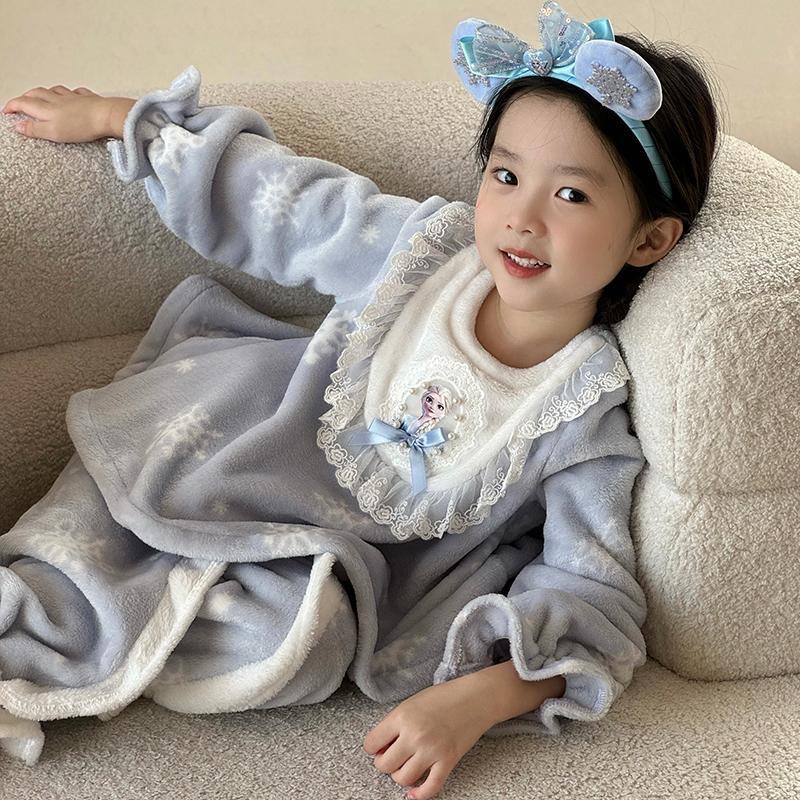 女童法兰绒套装冬新款爱莎公主珊瑚绒加厚睡衣冰雪奇缘儿童家居服