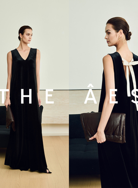 安上THE AES｜时髦静奢 舒适老钱风極简真丝丝绒 纸片人V领连衣裙
