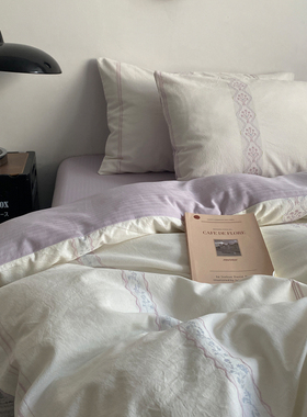 ins风复古紫色纯棉水洗棉四件套 简约全棉提花被套床单笠床品加厚