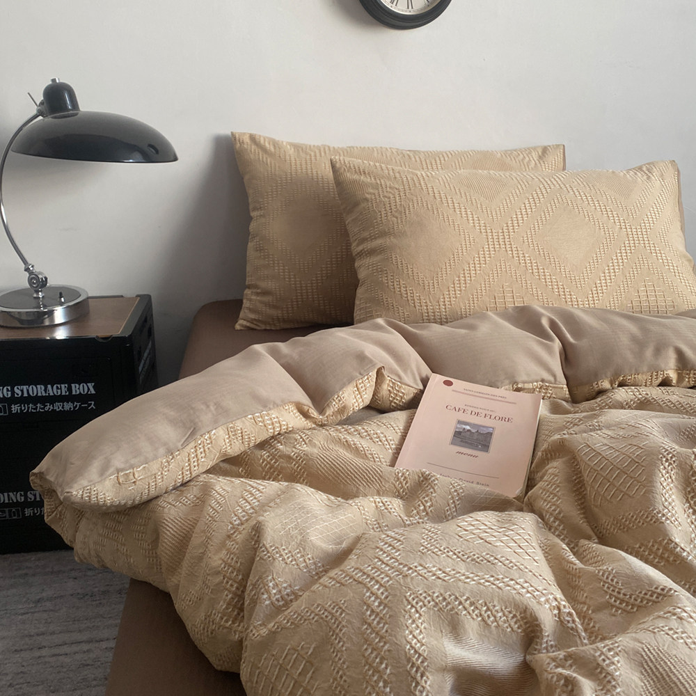 简约中古风全棉华夫格提花四件套 A类水洗纯棉被套床单床品高级感,床上用品,床品套件/四件套/多件套,淘宝优惠券,粉丝福利购,淘宝优惠卷