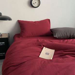 复古安哥拉红色全棉双层纱四件套 A类母婴纯棉被套床单笠床品结婚