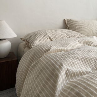 A类日式棉麻条纹提花四件套 简约高级感被套床单笠三件套四季通用