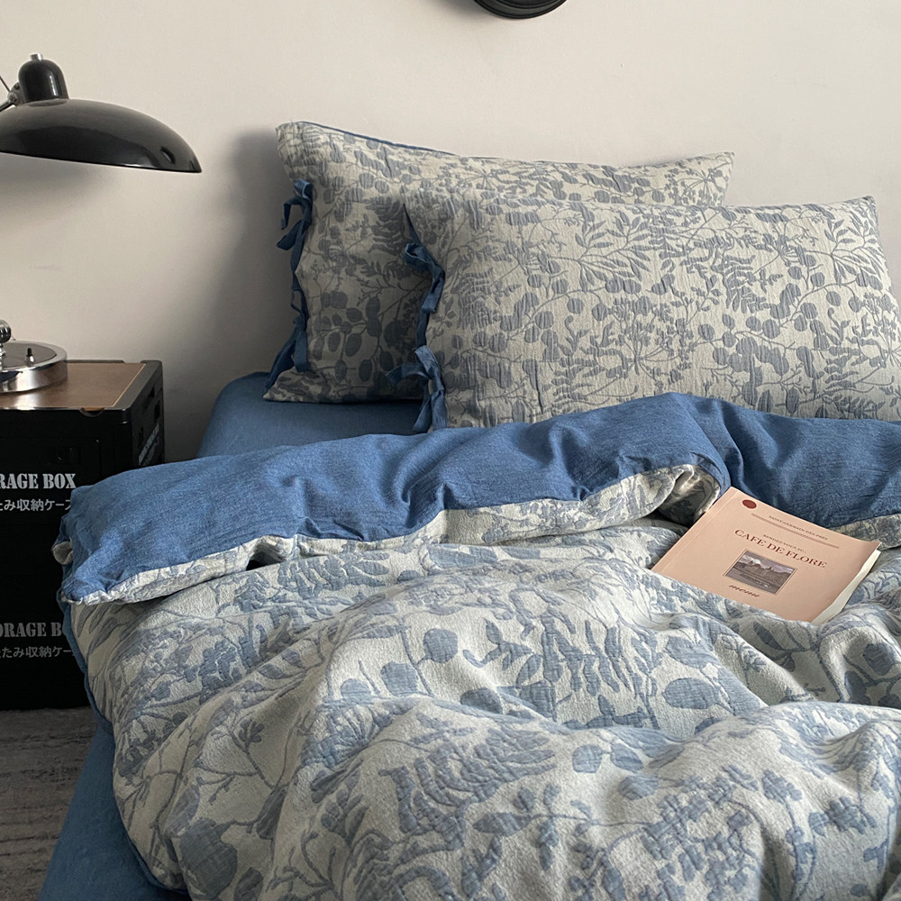 美式蓝色双层纱绑带被套四件套 100全棉纯棉提花被罩床单床品高端