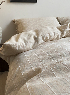 日式棉麻床上四件套10%亚麻90%棉格子提花被套单人床三件套高级感