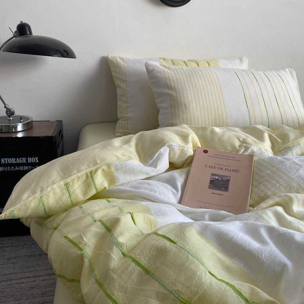 A类黄色全棉色织提花四件套 加密加厚水洗纯棉被套床单笠床品简约