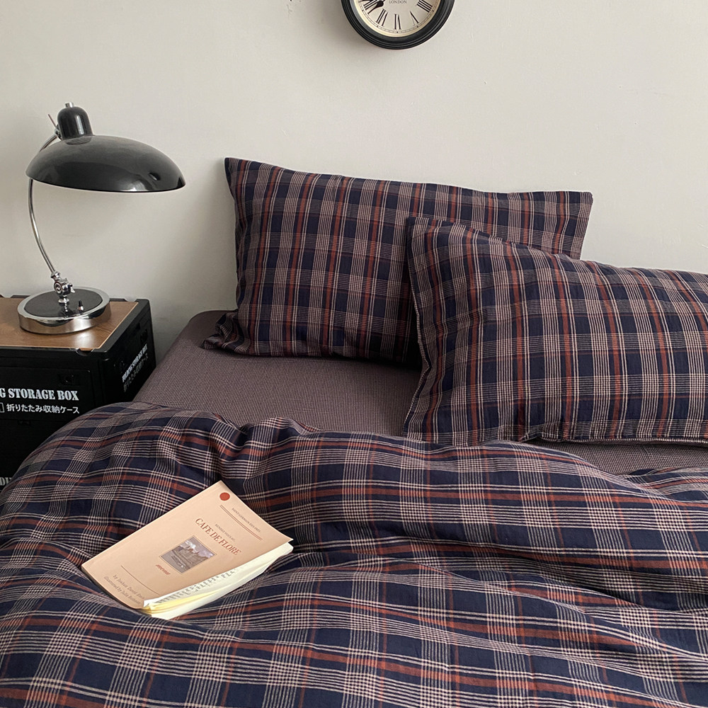 复古英伦全棉双层纱四件套简约纯棉格子裸睡被套床单床品四季通用,床上用品,床品套件/四件套/多件套,淘宝优惠券,粉丝福利购,淘宝优惠卷