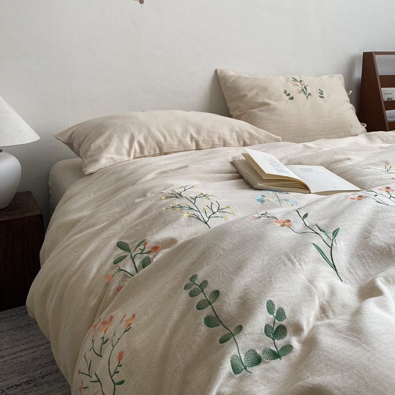日式棉麻绣花被套四件套10%亚麻90%棉混纺高级感床单床笠床上用品