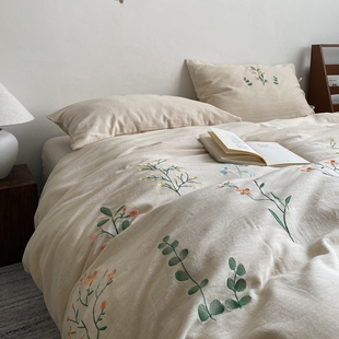 日式棉麻绣花被套四件套10%亚麻90%棉混纺高级感床单床笠床上用品