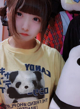 中二ins 复古日系甜美熊猫印花浅黄色短袖T恤衫纯棉嫩芝士黄bf T