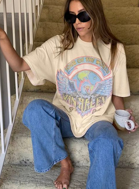 中二ins  杏黄色经典1984街头复古做旧印花短袖T恤衫大码街头古着