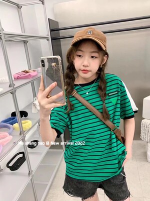 夏季新款高版bv绿条纹圆领短袖t恤潮牌宽松男女童