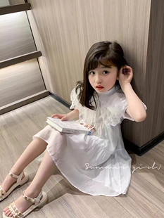 乖乖蜜童装娃娃领女童蕾丝连衣裙时髦夏款儿童雪纺甜美长裙子