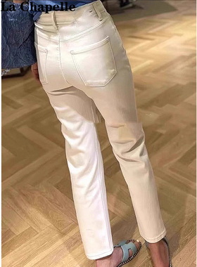 拉夏贝尔白色加绒直筒牛仔裤女春秋2026年新款宽松小个子烟管裤子
