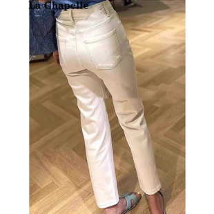 拉夏贝尔白色加绒直筒牛仔裤女春秋2026年新款宽松小个子烟管裤子