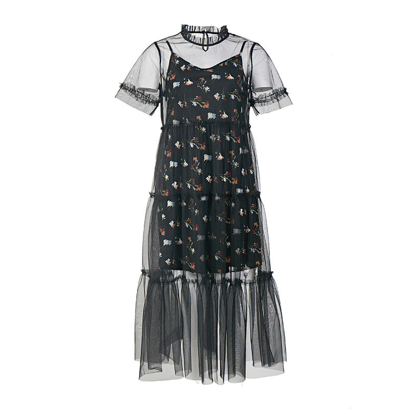 花色网纱连衣裙假两件LC08130753