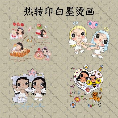 趣味美式复古涂鸦卡通天使小玉白墨烫画T恤辅料印花潮牌热转印DIY