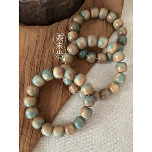 菩提根手串文玩 森未央「大敦煌」14mm桶珠清新黄绿敦煌色多宝