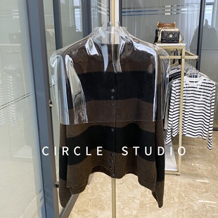 显瘦百搭 宽条纹小心机领毛衣外套女 韩国拼色厚羊驼羊毛针织开衫